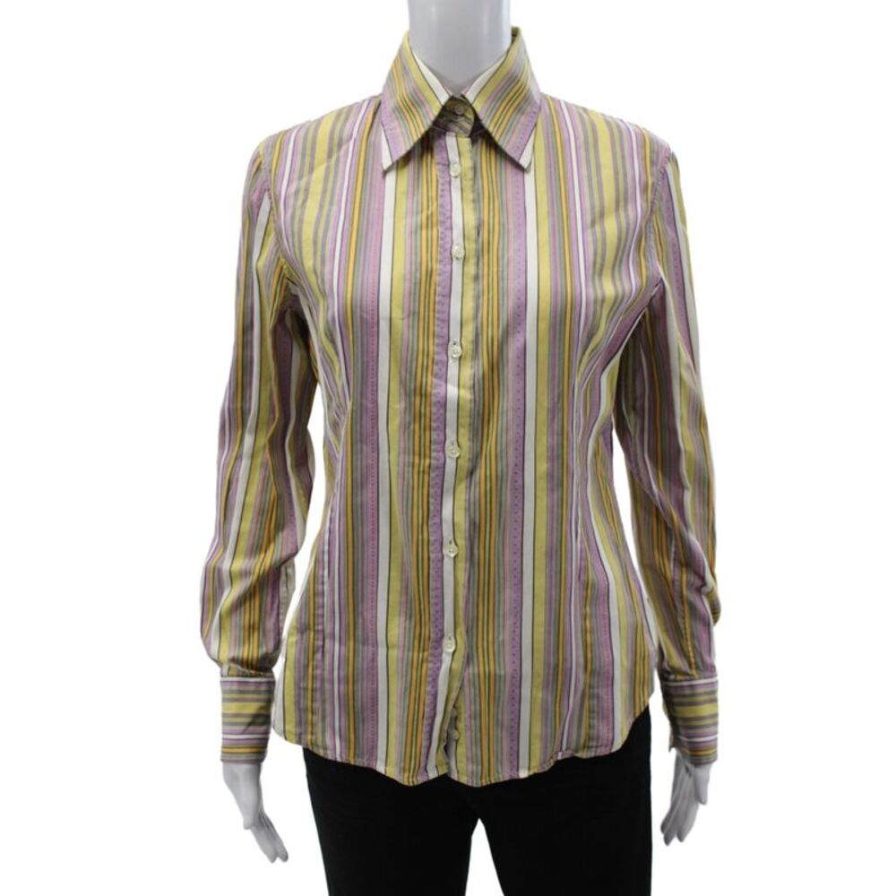 Etro Milano Women Green Striped Cotton Collared Button-Up Long Sleeve Size 44